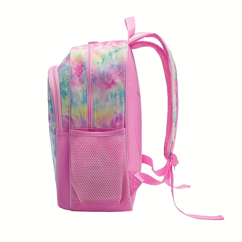 16-inch three-piece set of girls' student bags including a double-shoulder student bag, lunch bag, and pen bag. Fashionable and versatile for travel, school, or camping. One-size-fits-all in pink.