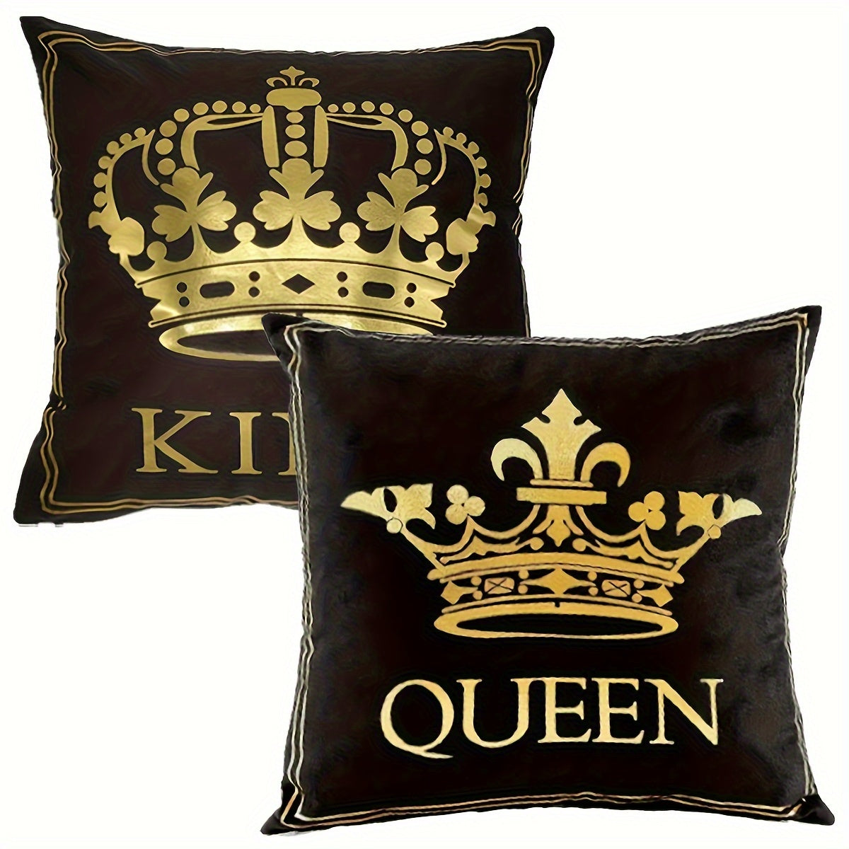 Pair of modern black throw pillow covers featuring golden stamping crown design, measuring 45.72*45.72cm. Perfect for adding a touch of farmhouse style to couch, sofa, or bedroom. Pillow inserts not included.