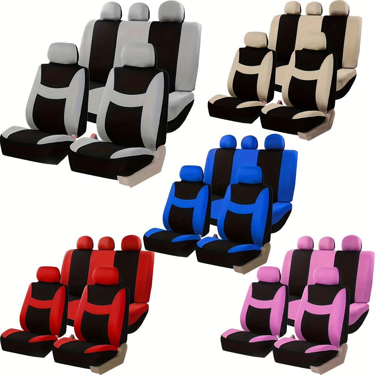 New full seat cover set for 5-seater car, includes 2 front seat covers, 1 rear seat back cover, 1 rear seat cover, and 5 car seat head covers.