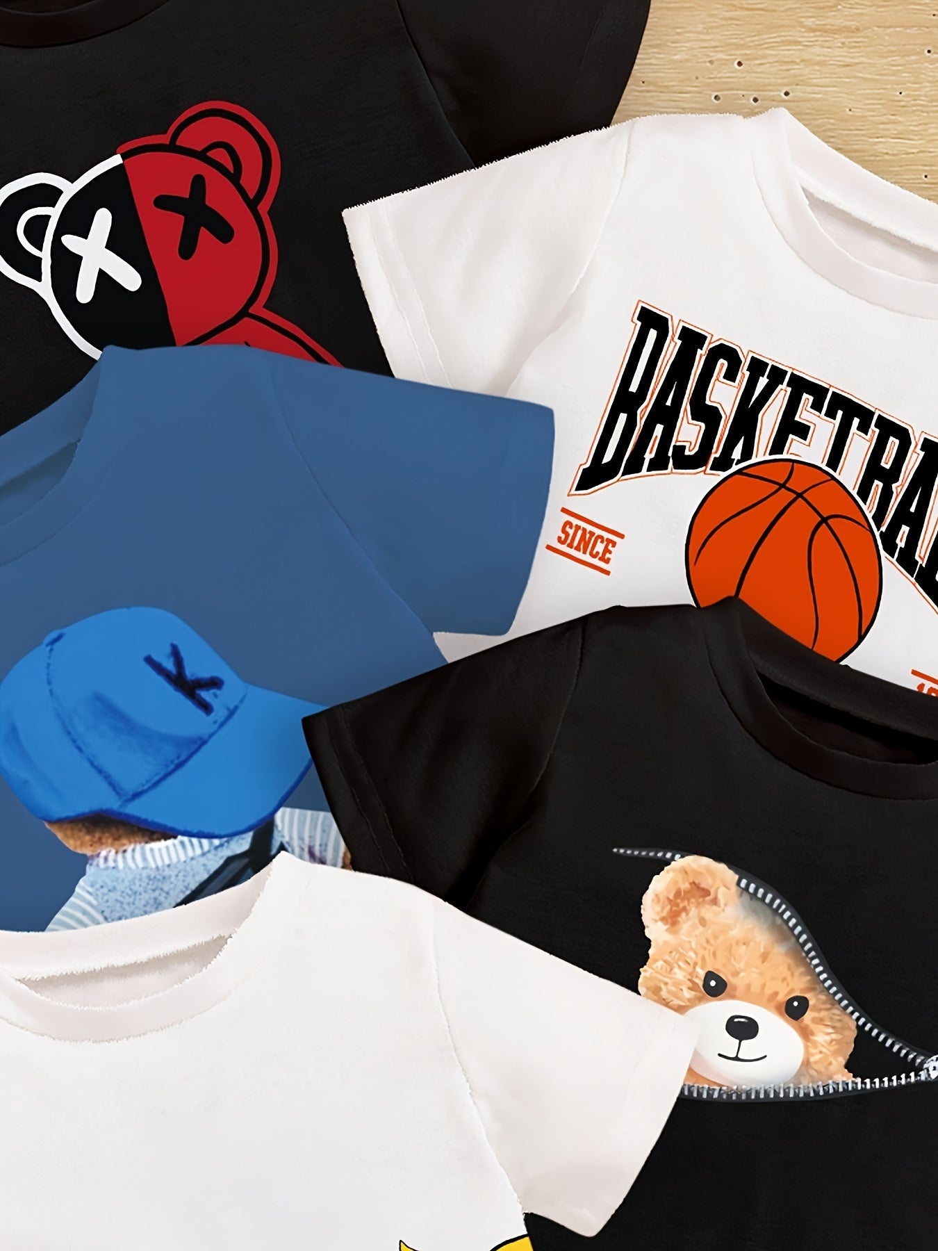 5 boys' graphic T-shirts with Valentine's Day and Basketball themes, featuring cartoon and letter prints. Made of soft polyester blend for summer wear. Perfect for sports enthusiasts.