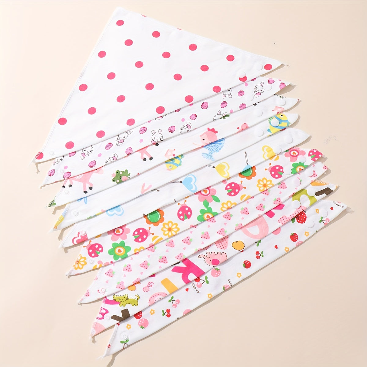 Set of 5 Adorable Cartoon Patterned Bibs, Double-Layered Cotton Bibs with Snap Fasteners, Soft and Gentle for Feeding