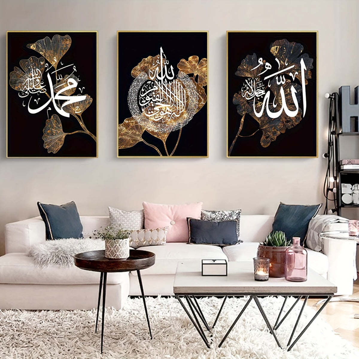 Poster canvas painting featuring Islamic calligraphy on a black background with golden leaves and apricot leaf marble design, suitable for living room decor. Frameless.