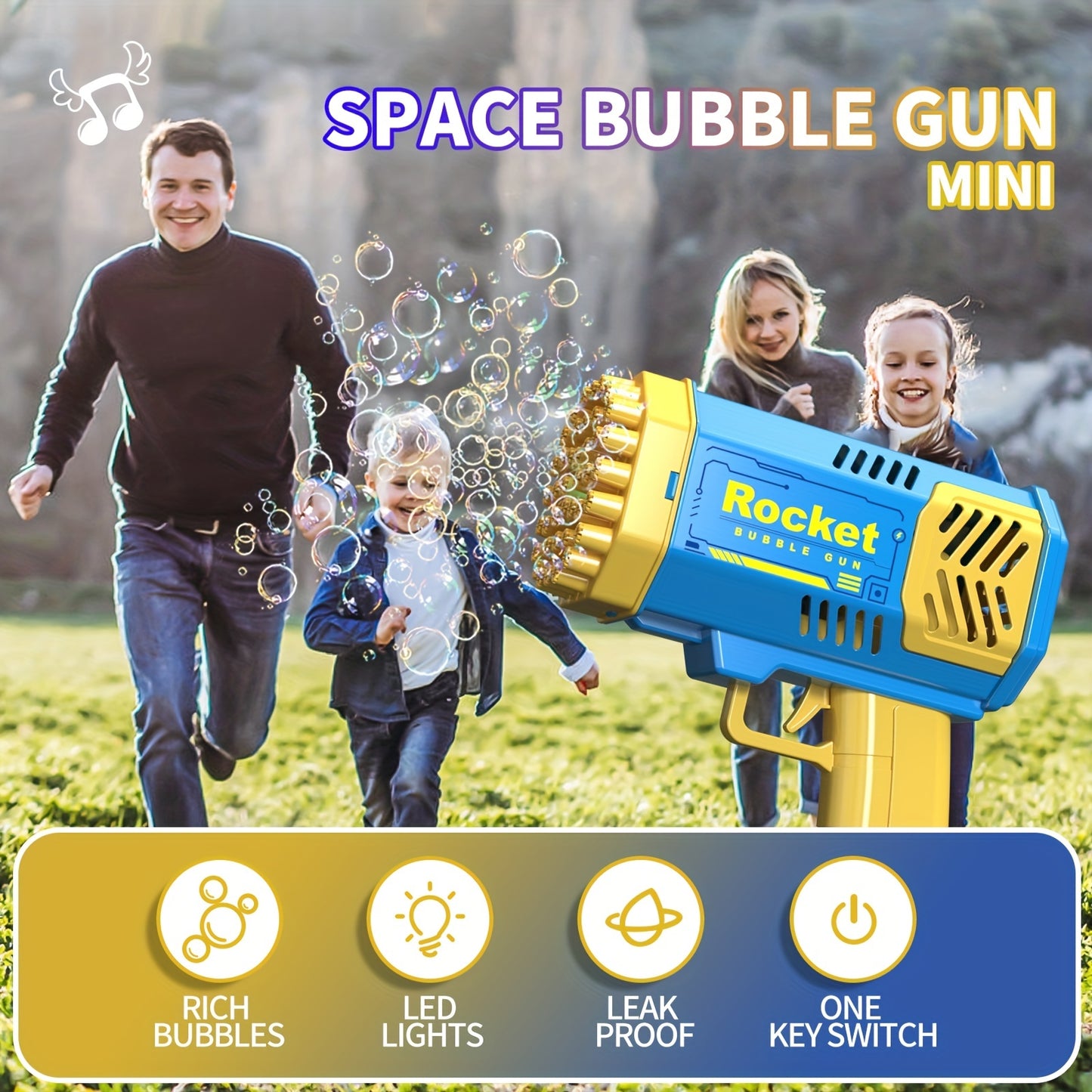 Kids' portable electric bubble gun with 40 holes and LED lights in pink/blue. Perfect for parties and outdoor fun. Made of plastic with a kid-friendly design.