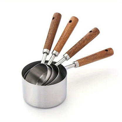 Set of 4 stainless steel measuring cups and 4 stainless steel measuring spoons with acacia wooden handles. Ideal for measuring dry and liquid ingredients when baking or cooking. Includes seasoning and powder spoons for added convenience in the kitchen.