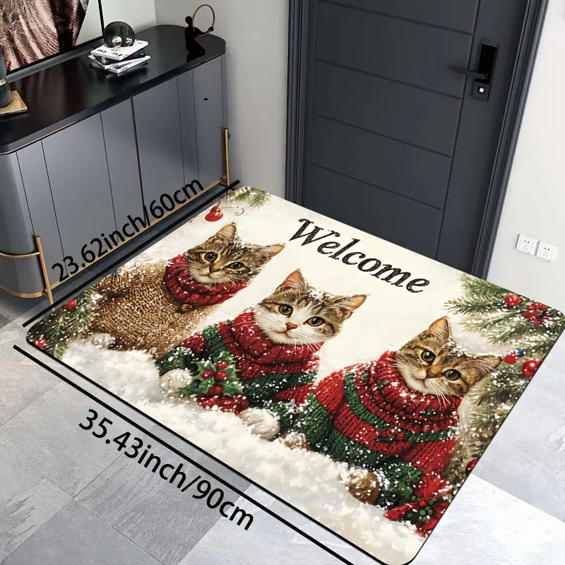 Welcome your guests with the festive 3 Cats Christmas Welcome Mat! This rectangular rug is 8mm thick and made of machine washable polyester with a PVC backing. Its durable construction allows it to be used indoors in doorways, kitchens, bathrooms, living