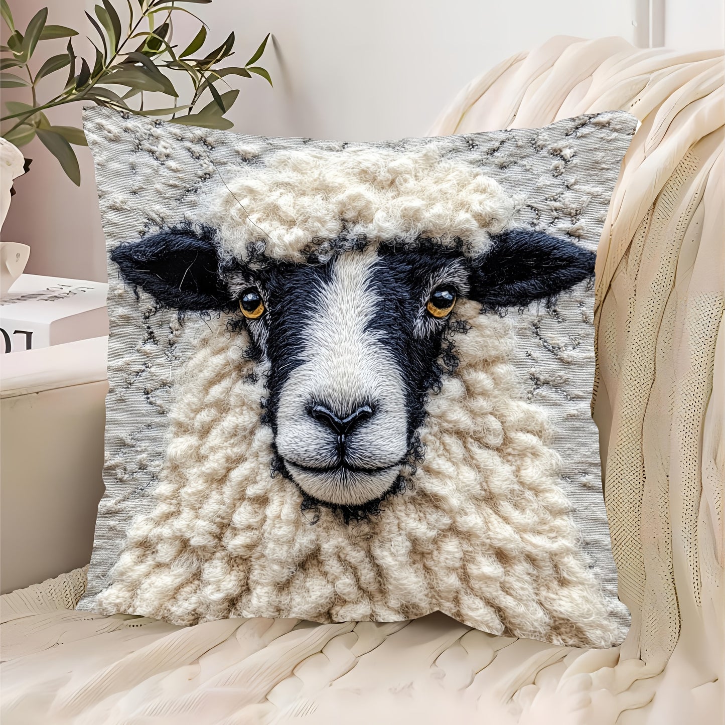 Retro farm animal design pillowcase featuring fluffy black nose sheep. Suitable for sofa, living room, bedroom, or office. Single side print, machine washable with zipper closure. 45.72x45.72cm, no pillow core included. Made of peach skin material.