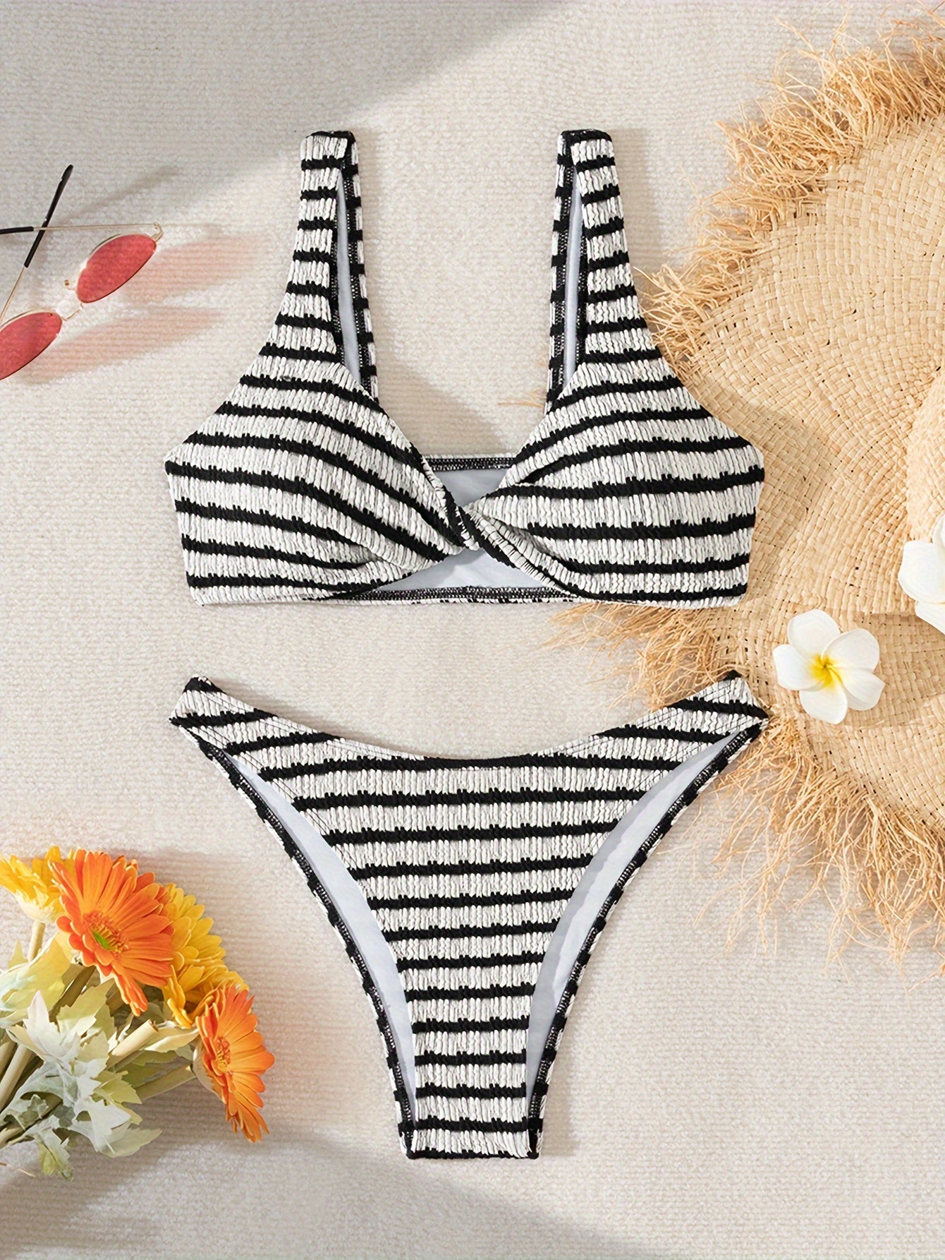 Striped twist-front bikini set, sexy swimwear for women in beach stripes.