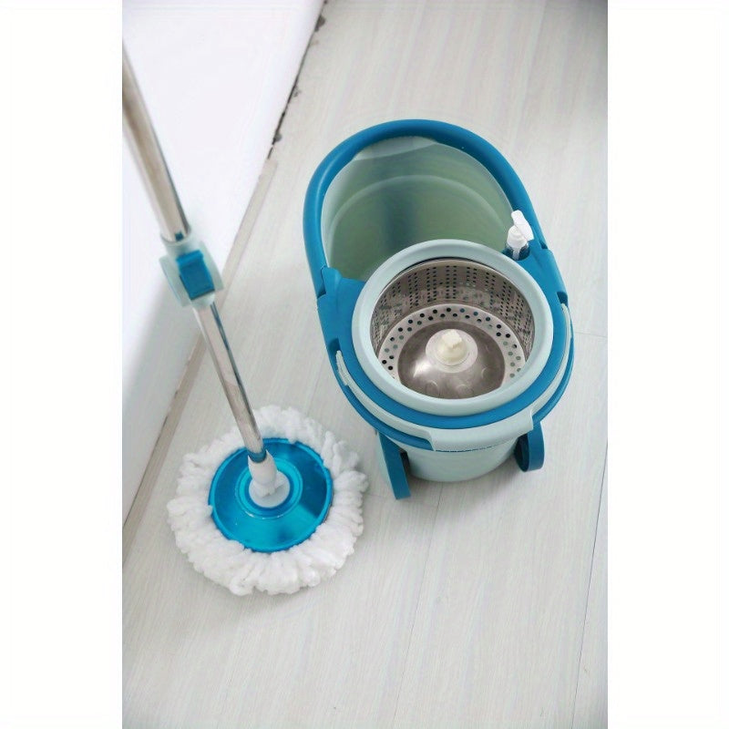 Easy Spin Mop and Bucket Set includes 1 stainless steel-handled mop, dual-drive rotating system, hands-free washing feature, 4 reusable microfiber mop heads. Ideal for cleaning living rooms, bedrooms, bathrooms, toilets, and kitchens.