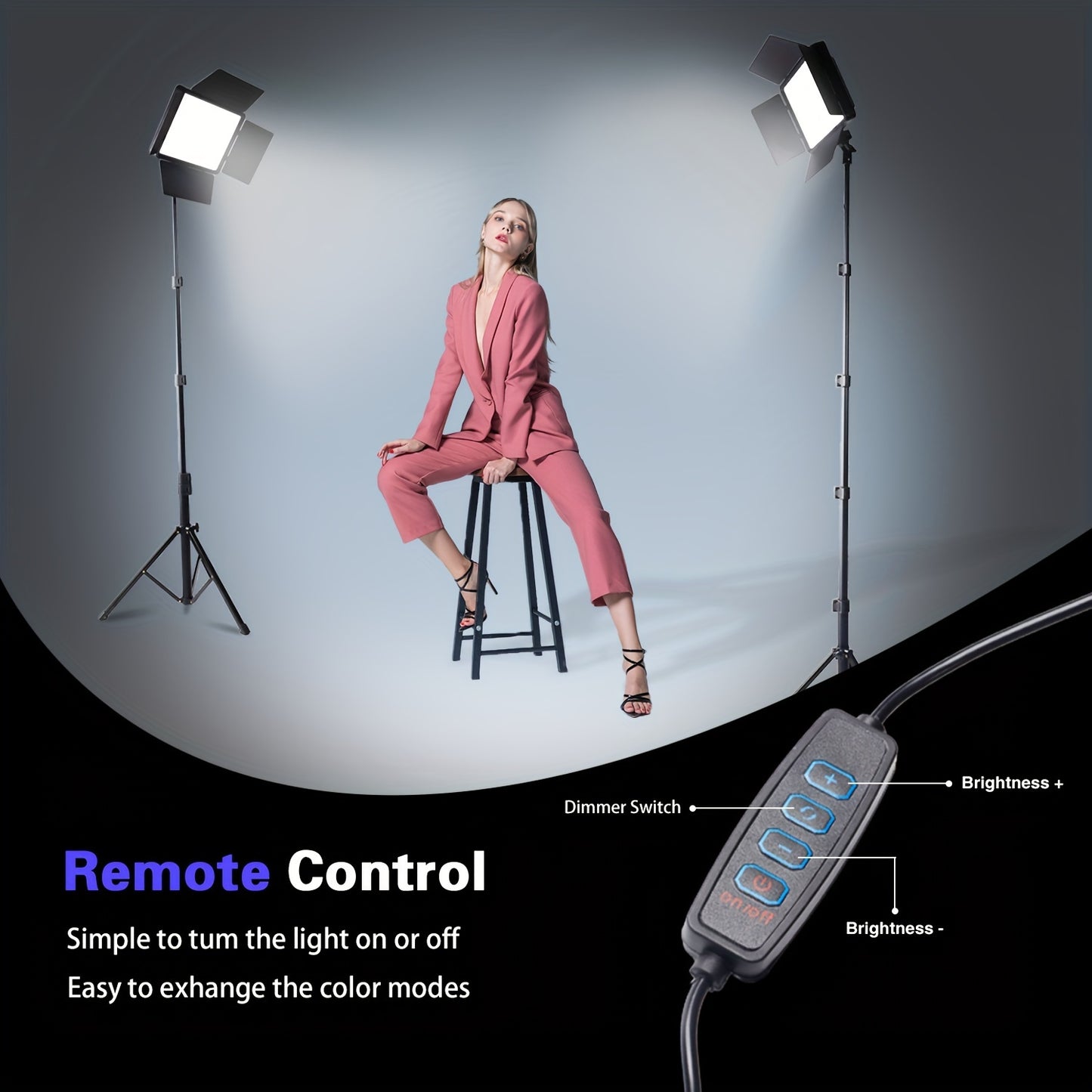 Photography lighting kit with studio fill lights, tripod, LED fill light, dimmable options, four baffles, cell phone clip. Ideal for video recording, photo studio, conferences, live selfies.