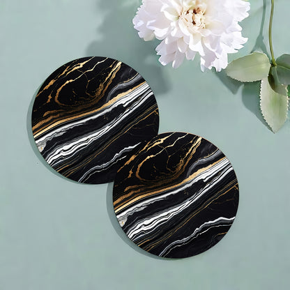 6 golden marbled coasters with absorbent rubber and non-slip backing, perfect for home decor or as a housewarming gift, each 10.16 cm in diameter.