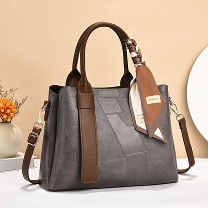 Women's fashion tote bag in dark brown with zipper closure, polyester lining, and painted edges. Can also be used as a crossbody handbag.