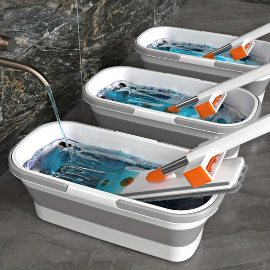 Get the ultimate cleaning tool with the Stainless Steel Flat Mop and Long Handle Set Bucket. This multi-surface wet and dry floor cleaning system includes a durable rotating mop, along with cleaning supplies and tools for kitchen, bathroom, living room