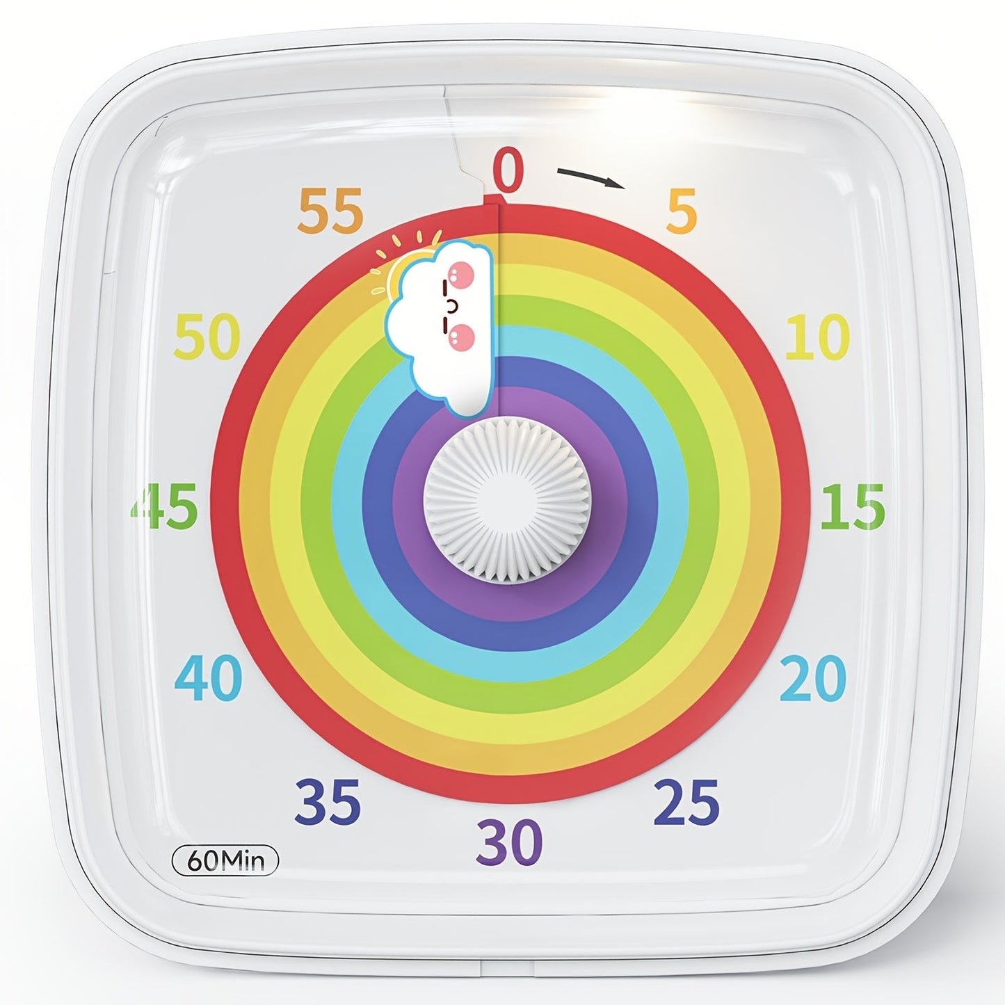 Yunbaoit 60-Minute Visual Countdown Timer with Night Light, made of durable plastic in Rainbow White color, perfect for use in the office, camping, and cooking. Requires AAA batteries (2x batteries not included) and is safe for non-food contact.