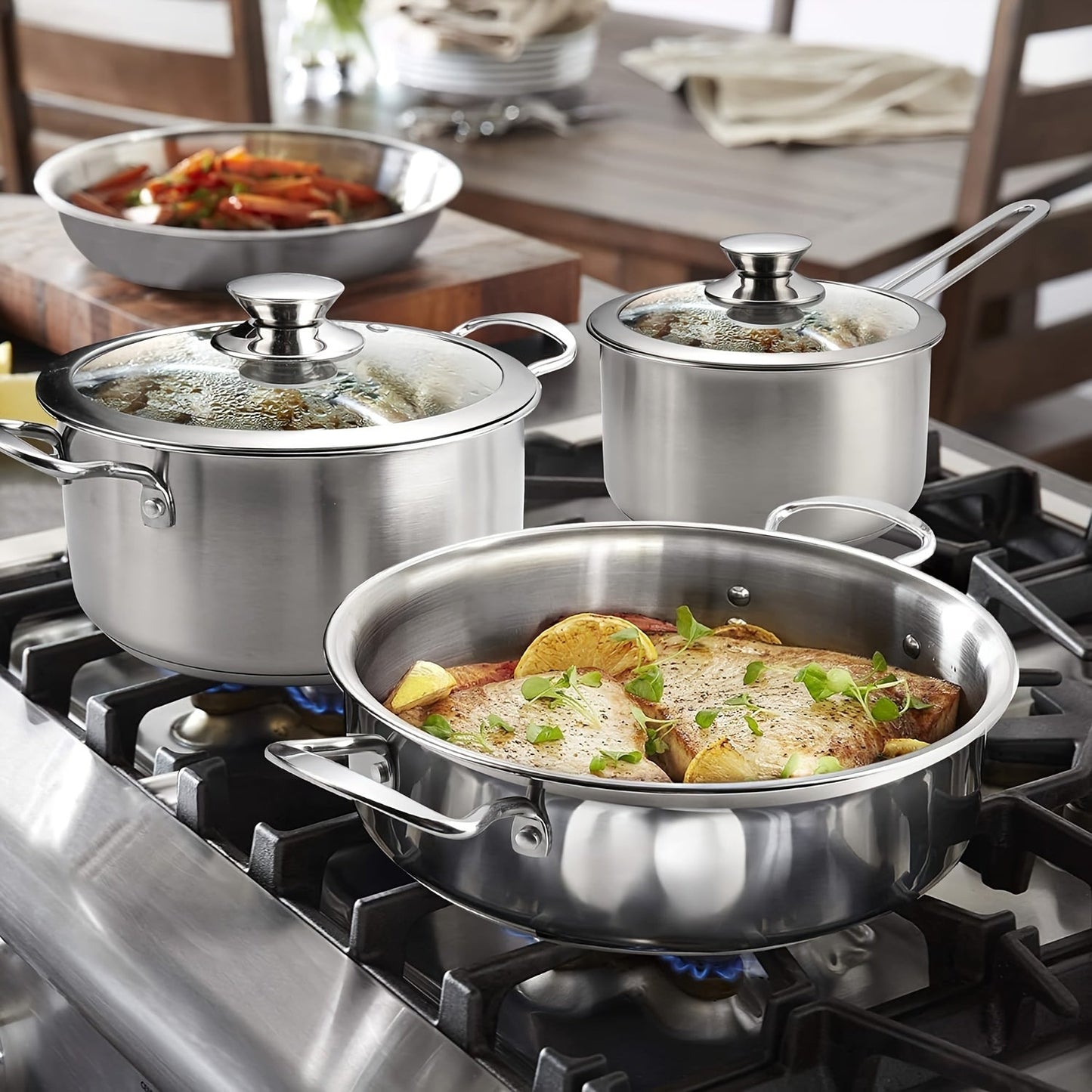 Stainless Steel Cookware Set includes 6 pieces- Perfect for Induction, Electric, and Gas Stoves. Oven Safe with Cool-Touch Handles, Long-Lasting and Simple to Clean- a Must-Have for Home Cooking Enthusiasts.