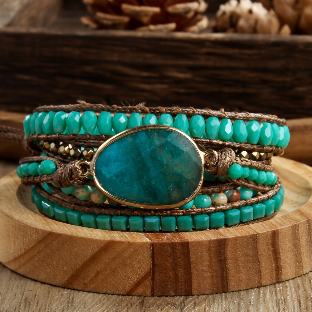 Multi-layered hand rope jewelry accessory made from colorful natural stones, designed as a wrap bracelet.