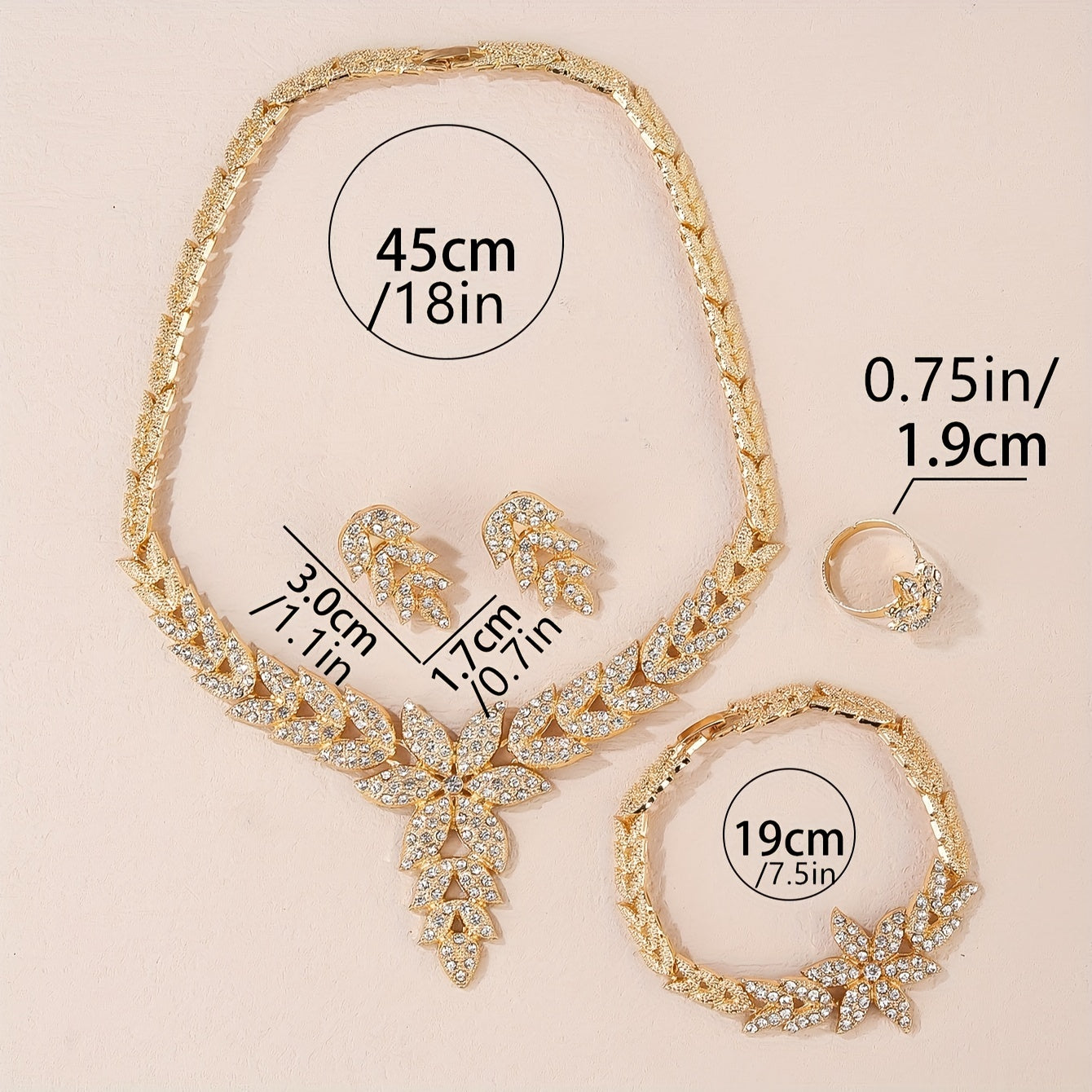 Beautiful Wedding Jewelry Set for Women: Gold Leaf Rhinestone Necklace, Ring, Earrings, and Bracelet - Perfect Gifts for Eid