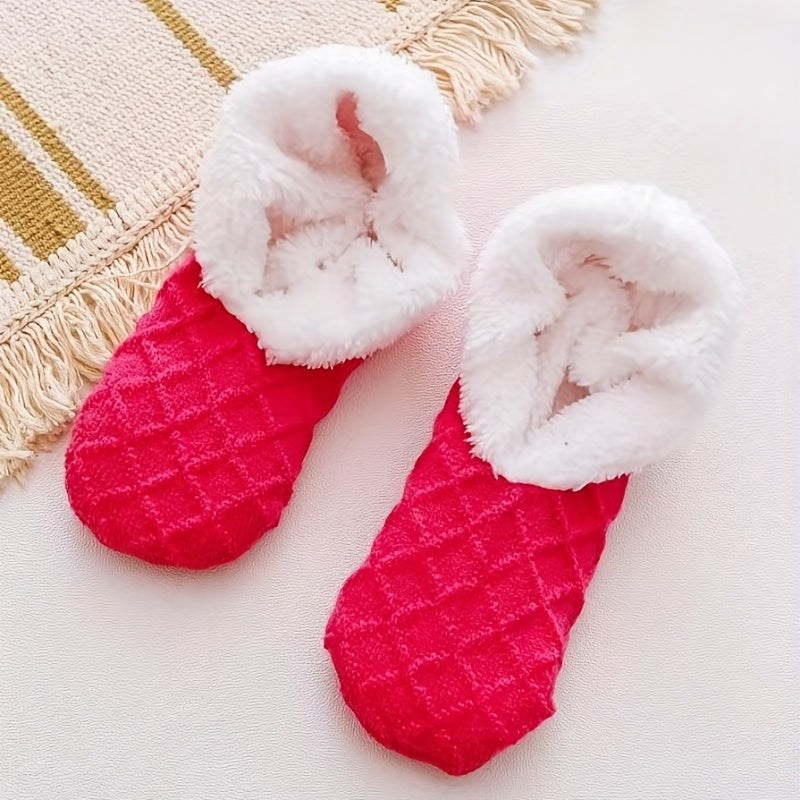 Women's warm non-slip coral fleece floor socks with plush knitted design.