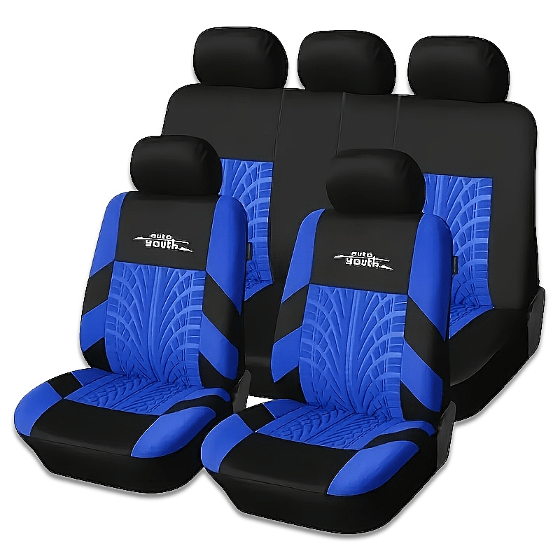 Polyester car seat cover for 5-seater vehicles, breathable and stain-resistant, with tire tread design. Fits sedans and SUVs.