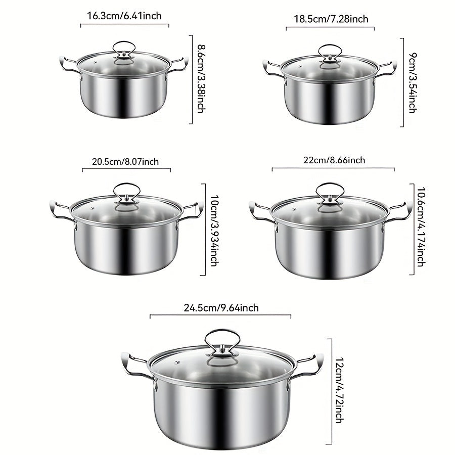 This 10-piece set includes 5 stainless steel pots and 5 pot lids with sizes ranging from 16cm to 24cm. The pots feature a stainless steel construction, double handles, and deep soup pot design, making them perfect for both home and restaurant use. They