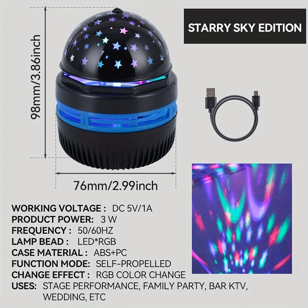 USB-powered LED night light rotates projections of stars and moons. Features independent stand and plastic disco ball design. Suitable for bedroom ambiance, home theater decor, party favors, Halloween, Christmas. No battery needed.