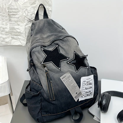 Punk Goth Denim Backpack with Star Patch, Zip Closure, Multiple Compartments, Large Capacity for Students & Everyday Use