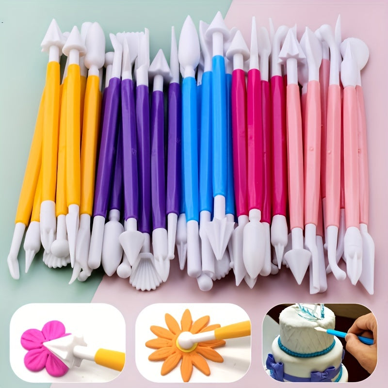 Set of 8 fondant cake decorating tools with 16 patterns for carving flowers, crafting clay, modeling, and baking accessories.