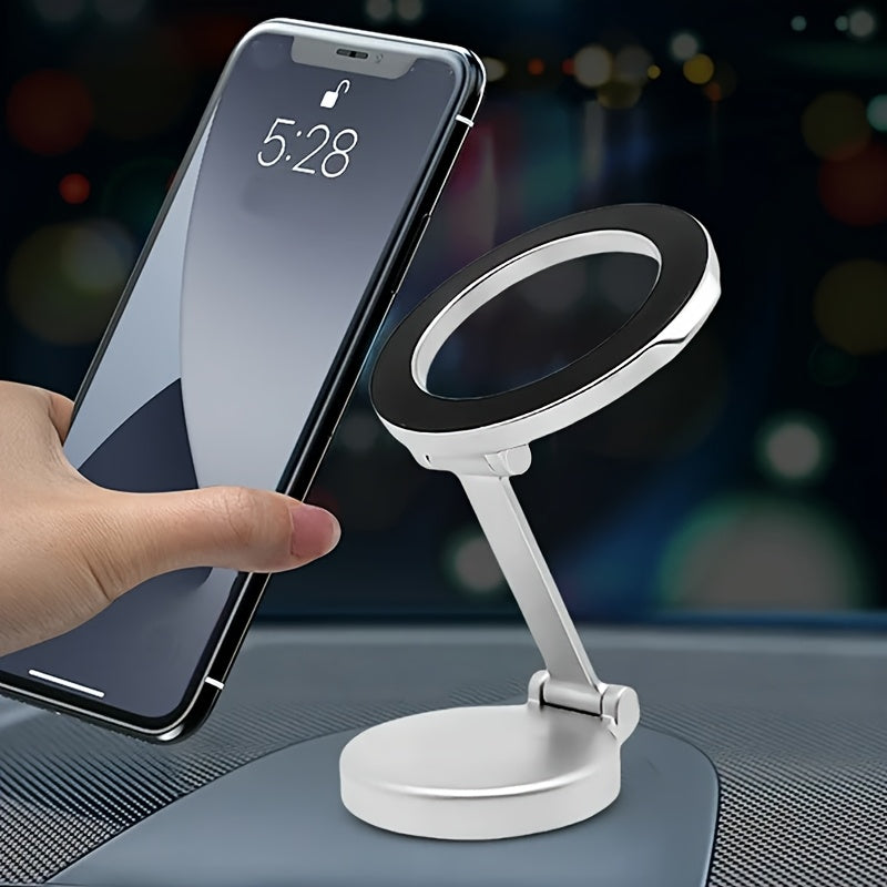 Metal high-strength magnetic mobile phone holder for car, foldable and 360-degree rotatable on dashboard for navigation.