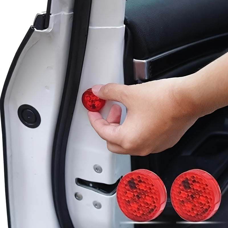 4 Red LED Car Door Lights with Circular Design and Patterned Surface for Enhanced Visibility and Easy Installation, Made of Durable Plastic for Safety and Aesthetic Appeal.