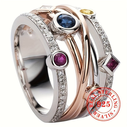 Beautiful Dual-Tone Multi-Layer Women's Ring made of 925 Sterling Silver with Synthetic Gemstones | Ideal for Both Casual and Party Outfits