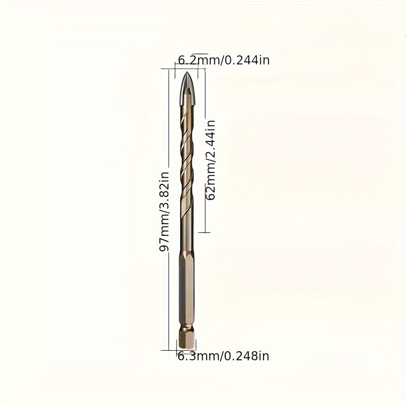 7 piece drill bit set made of tungsten steel with sharp triangle design for drilling tile, glass, concrete, marble, wood, and steel. Includes cross hex shank hole opener and reaming tool