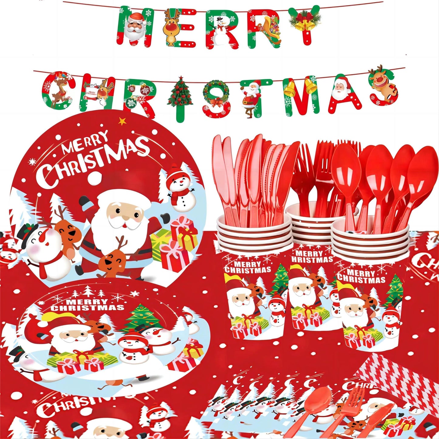 Christmas-themed party tableware set with disposable paper cups, plates, and tablecloth. Perfect for New Year, birthdays, or any festive celebration. Enhance your home, room, and party scene with this festive decoration. Perfect for all your holiday