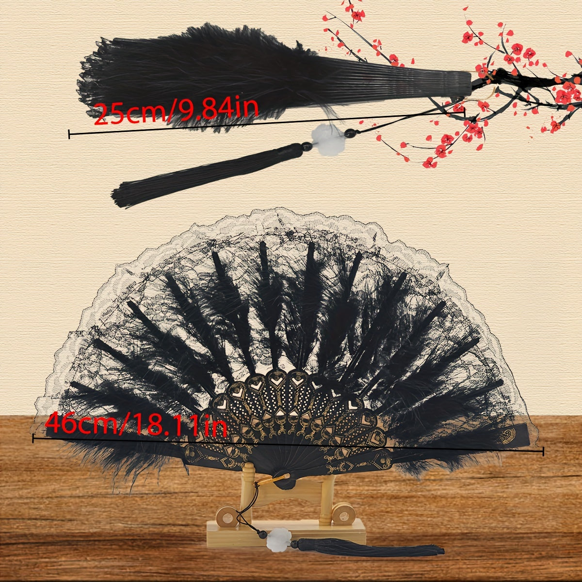 Chic Lace and Feather Foldable Fan with Vintage Floral Pattern - Ideal for Tea Parties, Gatsby Affairs, and Wedding Elegance