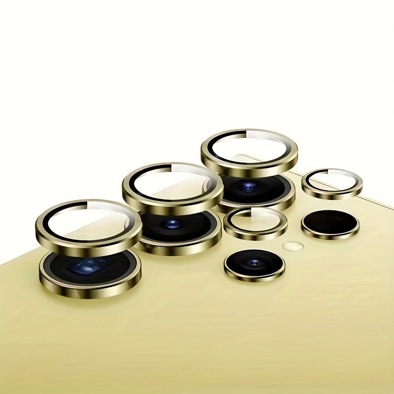 Set of 3 camera metal rings and tempered glass lens protectors for various Samsung Galaxy models.