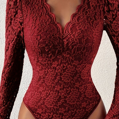 Stylish lace bodysuit with long sleeves, slim fit, see-through design, solid color, and floral print - made of polyester and elastane blend, recommend hand wash or dry clean.