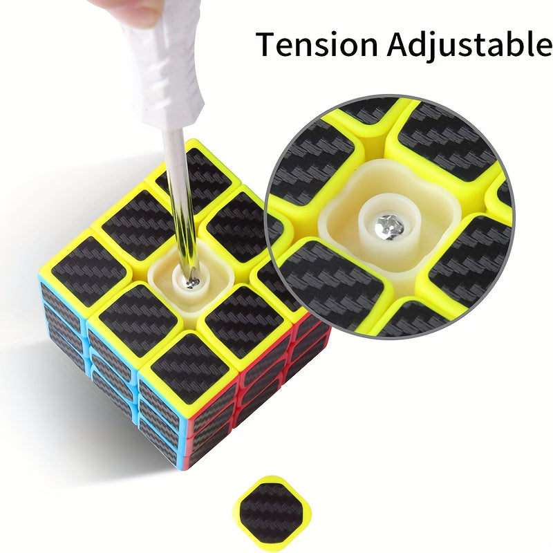 High-speed 3x3x3 carbon fiber cube with adjustable design for customizable difficulty, stress-relieving brain teaser toy in vibrant colors made of durable ABS material, suitable for all