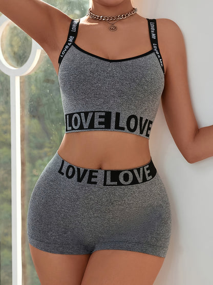 Two-piece set for women featuring love letter crop top and high-waisted shorts, seamless tummy control panties, soft and comfortable lift, breathable knit fabric, adult size, nylon