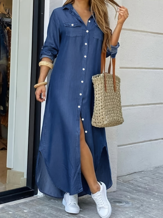 Women's Plus Size Casual Denim Maxi Shirt Dress with Button Up Long Sleeve and Turn Down Collar.