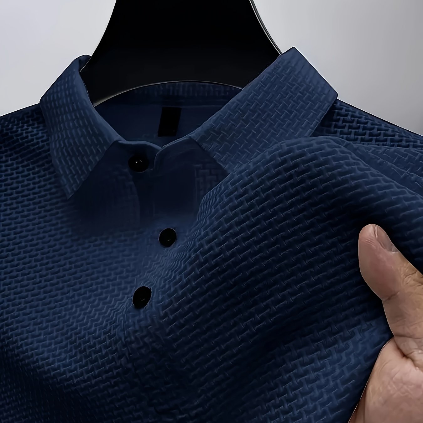 Men's summer casual short sleeve t-shirt in geometric pattern knit fabric with lapel collar and button detail. Made of 95% polyamide and 5% spandex for high stretch. Regular fit fashion