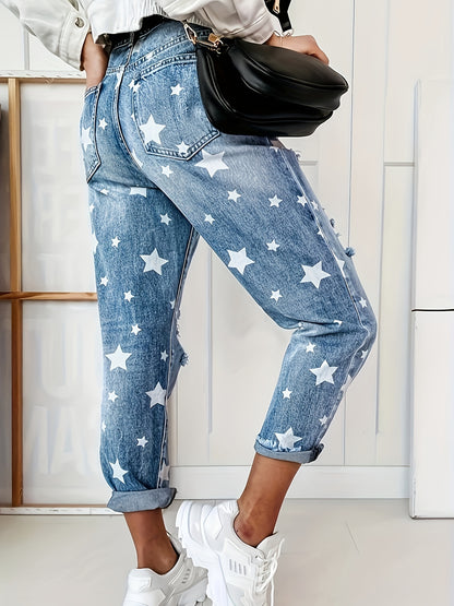 Plus size women's blue high waisted star printed ripped hole rolled edge straight leg pants.