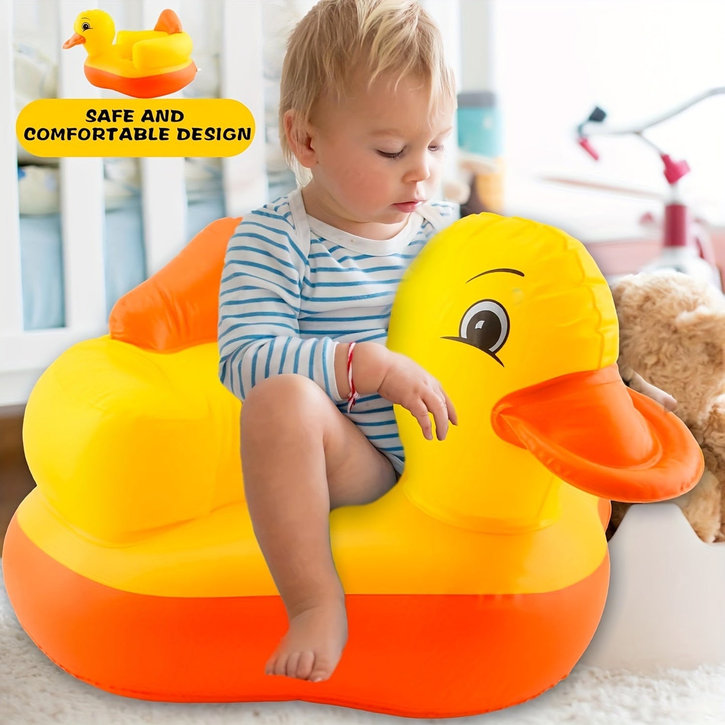 The SUNGDOGIN Yellow Duck Inflatable Youngsters Seat is an ideal choice for 3-month-old babies and toddlers. It is perfect for summer play and learning.