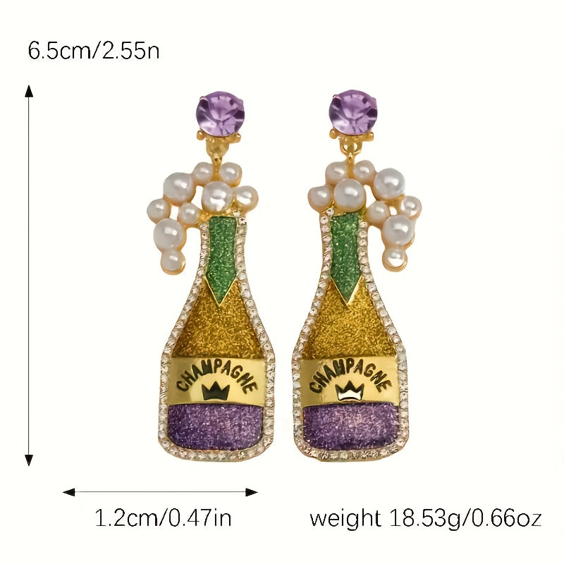 Stylish Carnival Champagne Bottle Pendant Earrings adorned with Glittering Rhinestones - Charming Alloy and Stainless Steel, Ideal for Festive Occasions and Everyday Wear, Earrings