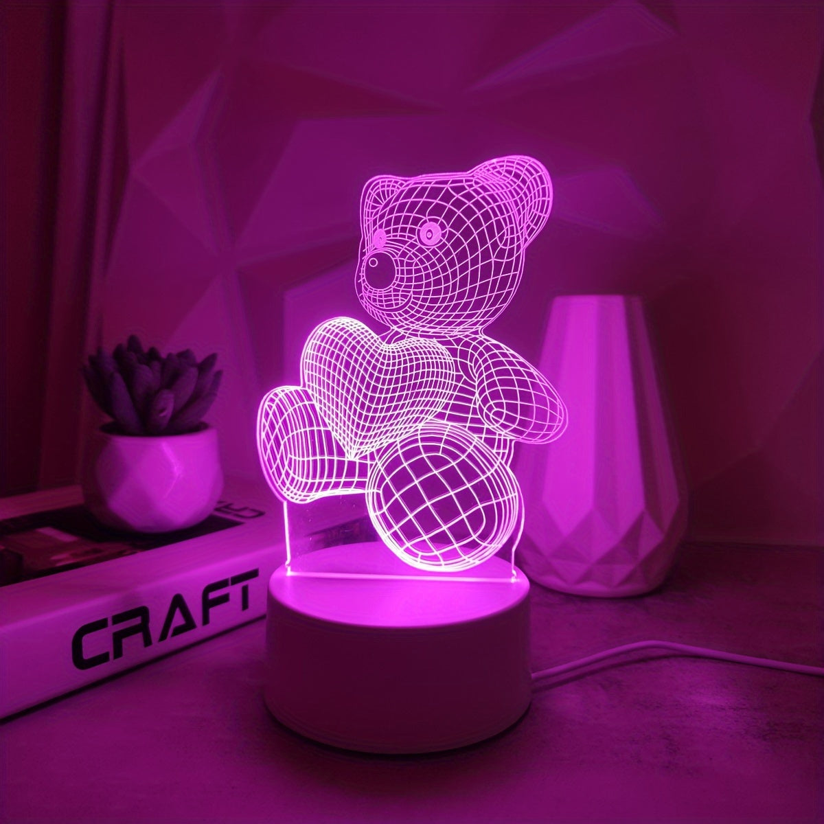 3D night light with pink heart bear design, USB powered, switch control, ideal for modern bedroom decor.