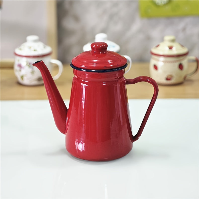 Retro Thickened Enamel Tea Kettle - 1.1L capacity, perfect for making coffee, oil, milk tea, and more. Ideal for both summer and winter drinkware, these enamel kettles are a stylish addition to your home kitchen. Great for back to school supplies.