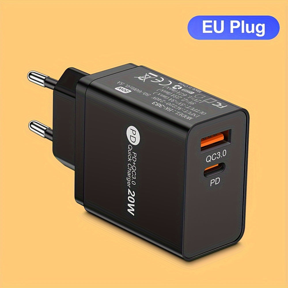 GUSEYEE 20W EU Dual-Port USB Wall Charger for Fast Charging iPhones, Samsung, Tablets & More with PD & QC3.0 Technology.