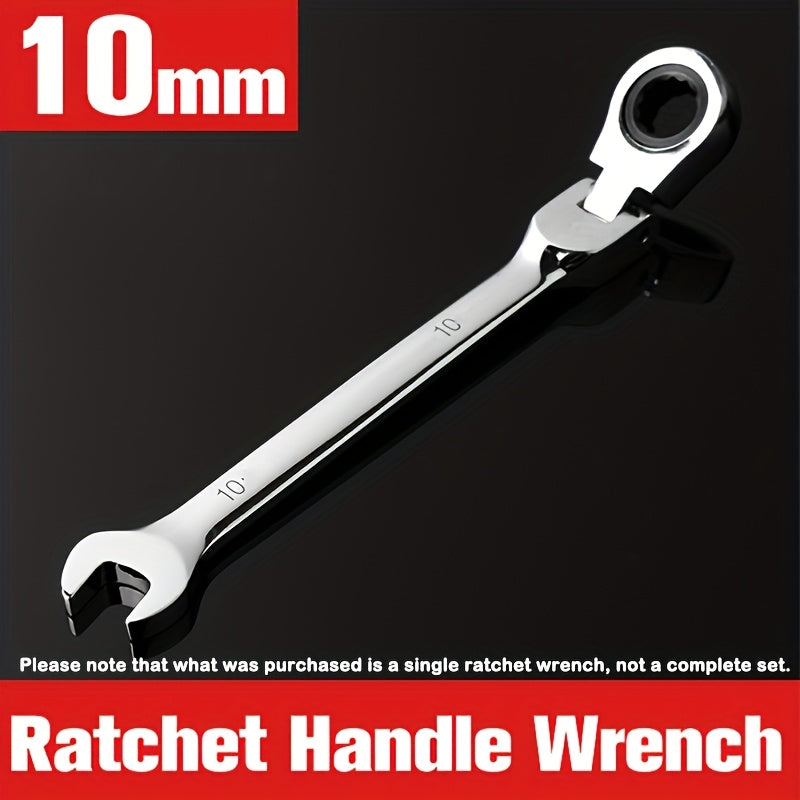 10mm ratchet wrench with adjustable torque and movable head made of durable chrome vanadium steel with ergonomic grip for vehicle maintenance.