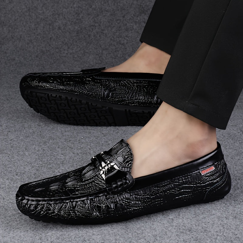 Crocodile pattern loafers for men with slip-on style and PU upper, perfect for various occasions and all seasons.