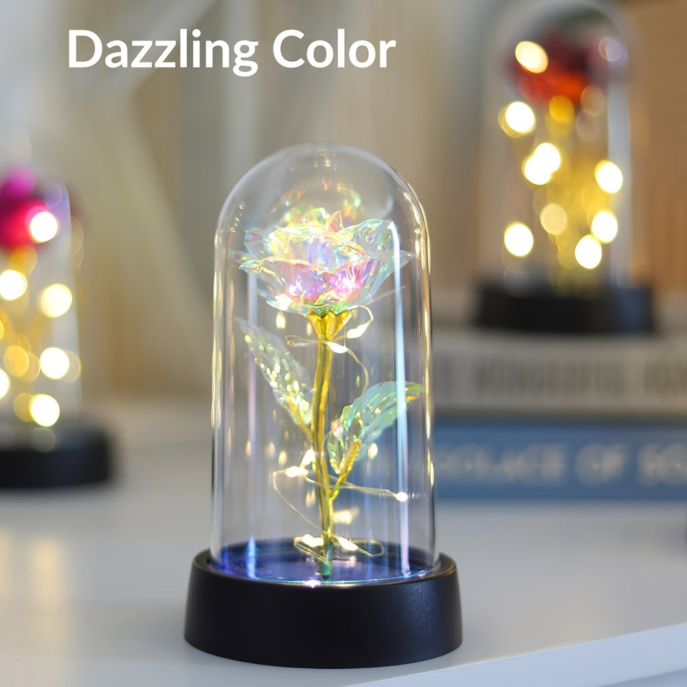 LED flower night light with gold foil rose design, tabletop lamp with switch control, battery-powered for bedroom decor. Includes 1 non-rechargeable button battery.