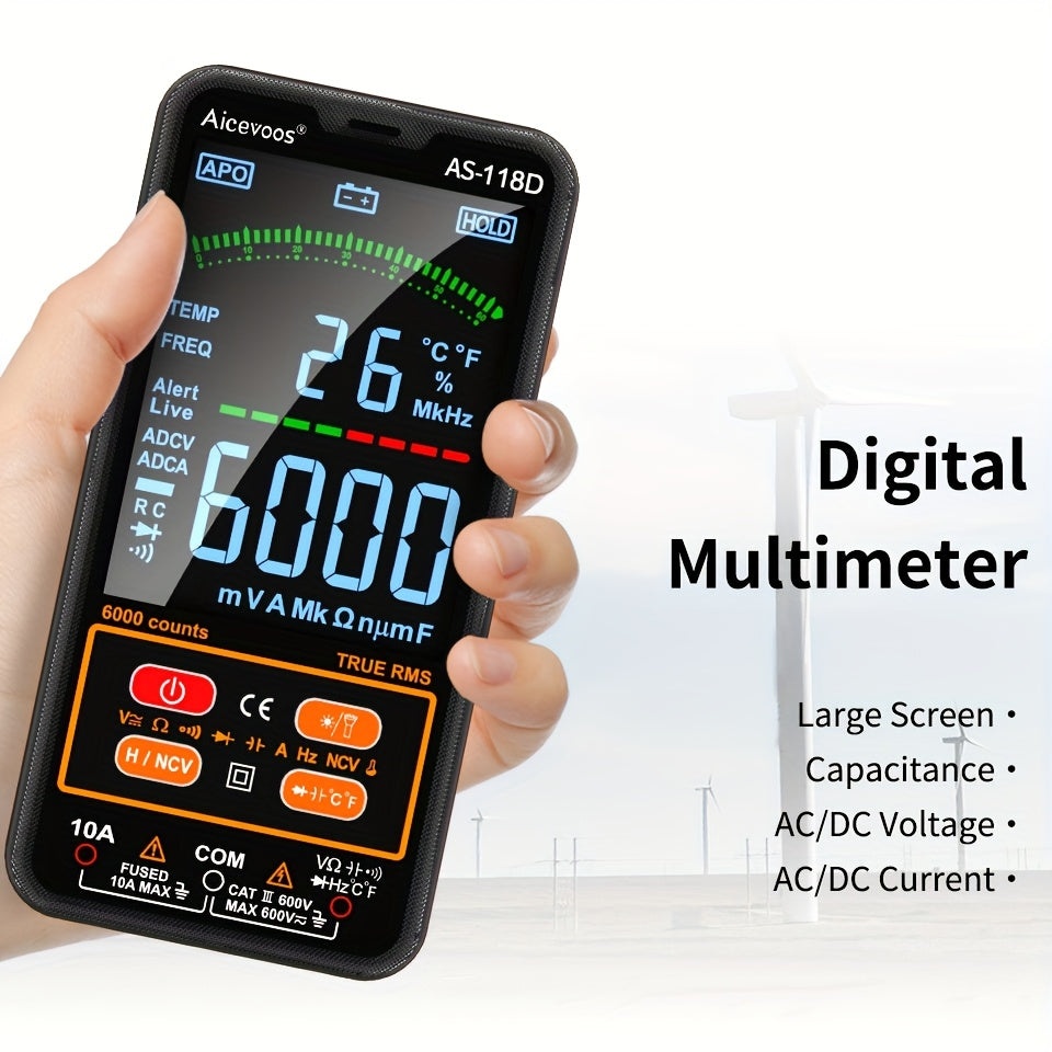 Smart digital multimeter auto-ranges to measure voltage, current, capacitance, resistance, continuity, duty-cycle, temperature, and frequency.