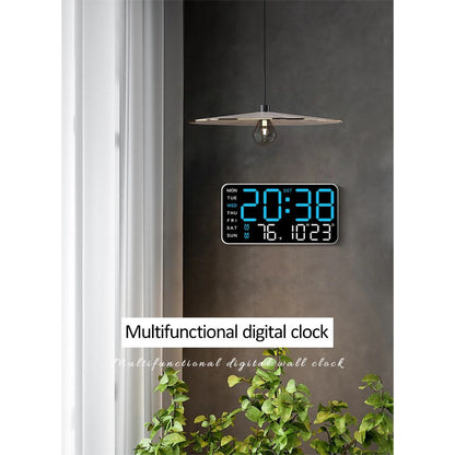 Voice controlled LED wall clock with dual alarms, USB powered, temperature display, adjustable brightness, and sleek black design for home and office.