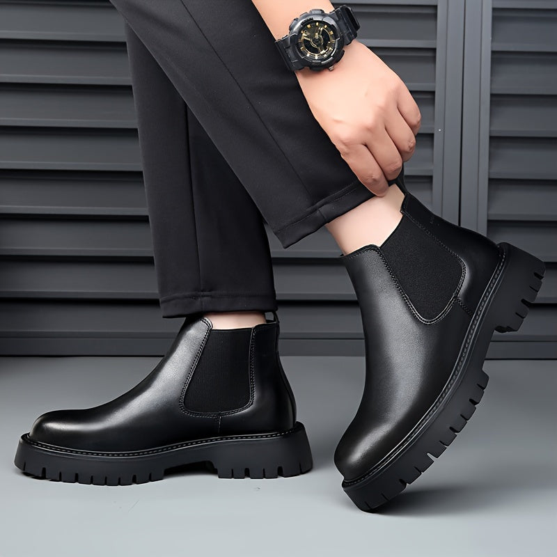 Men's Winter Boots - Fleece-Lined Slip-On Ankle Boots with Round Toe & Rubber Sole, Black Synthetic